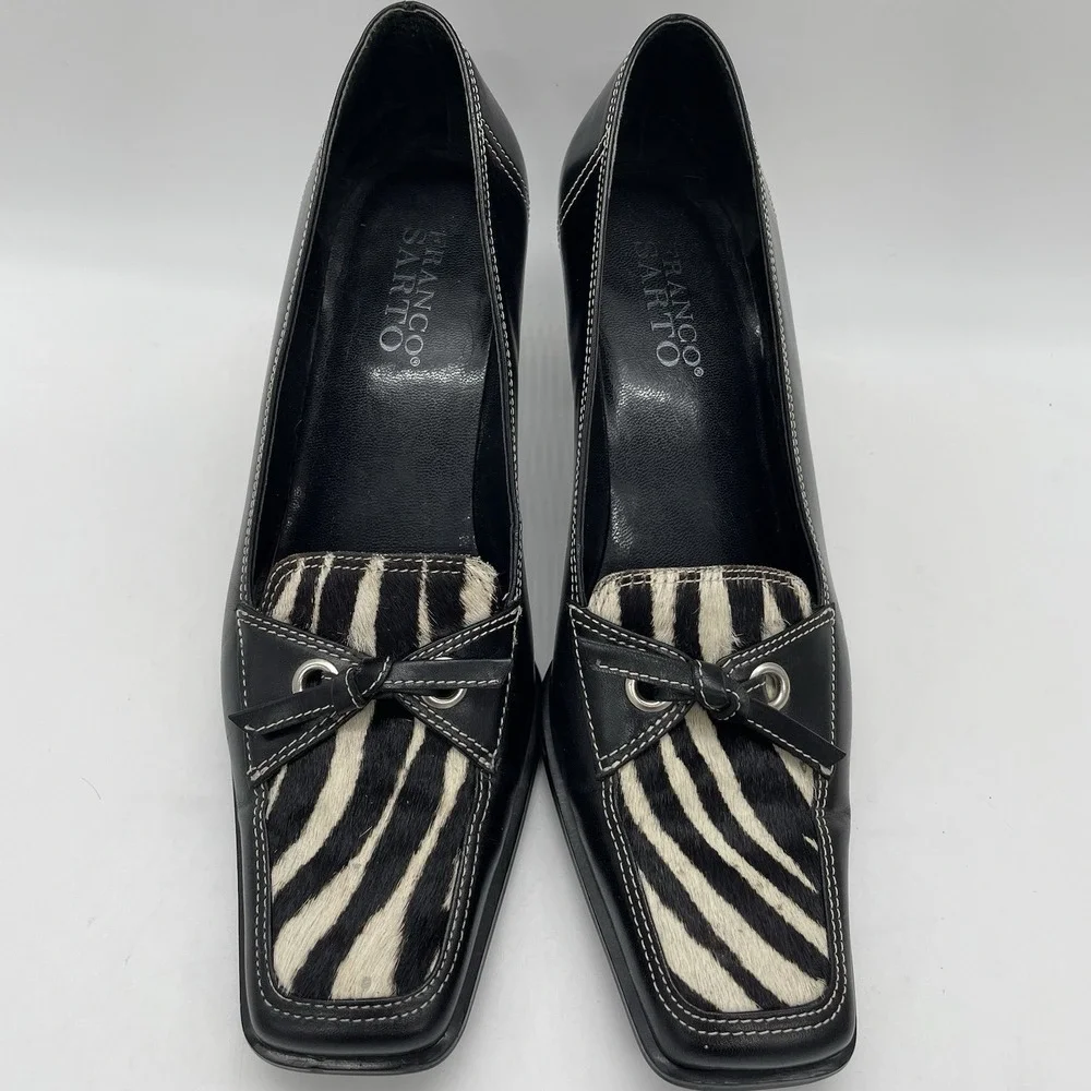 Franco Sarto Womens 6.5 Shoes Zebra Kitten Heel Square Toe Bow Tie Black Leather
